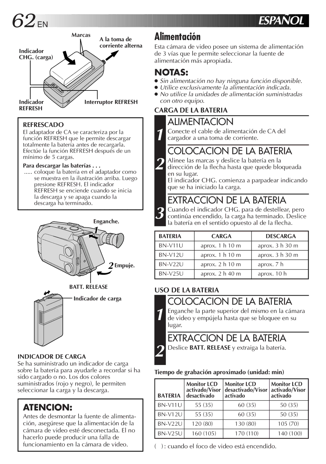 JVC GR-AXM300 manual Alimentación, Alimentacion, Colocacion DE LA Bateria, Extraccion DE LA Bateria 