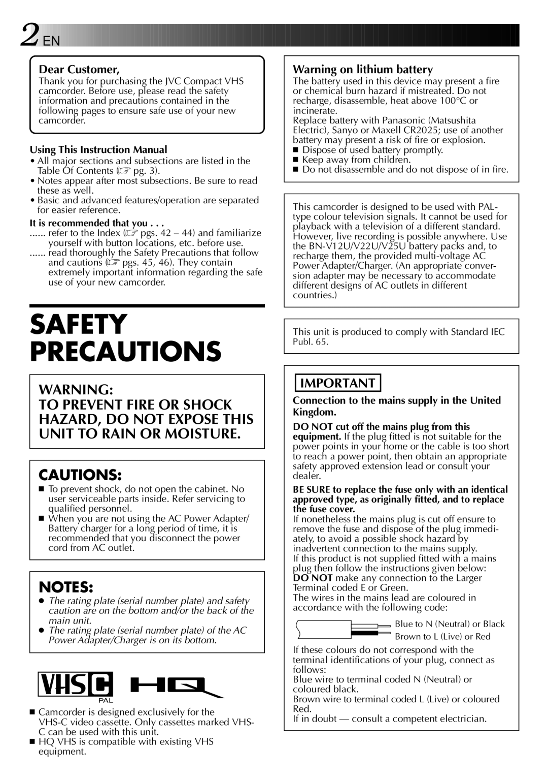 JVC GR-AXM307EG instruction manual Dear Customer, Connection to the mains supply in the United Kingdom 