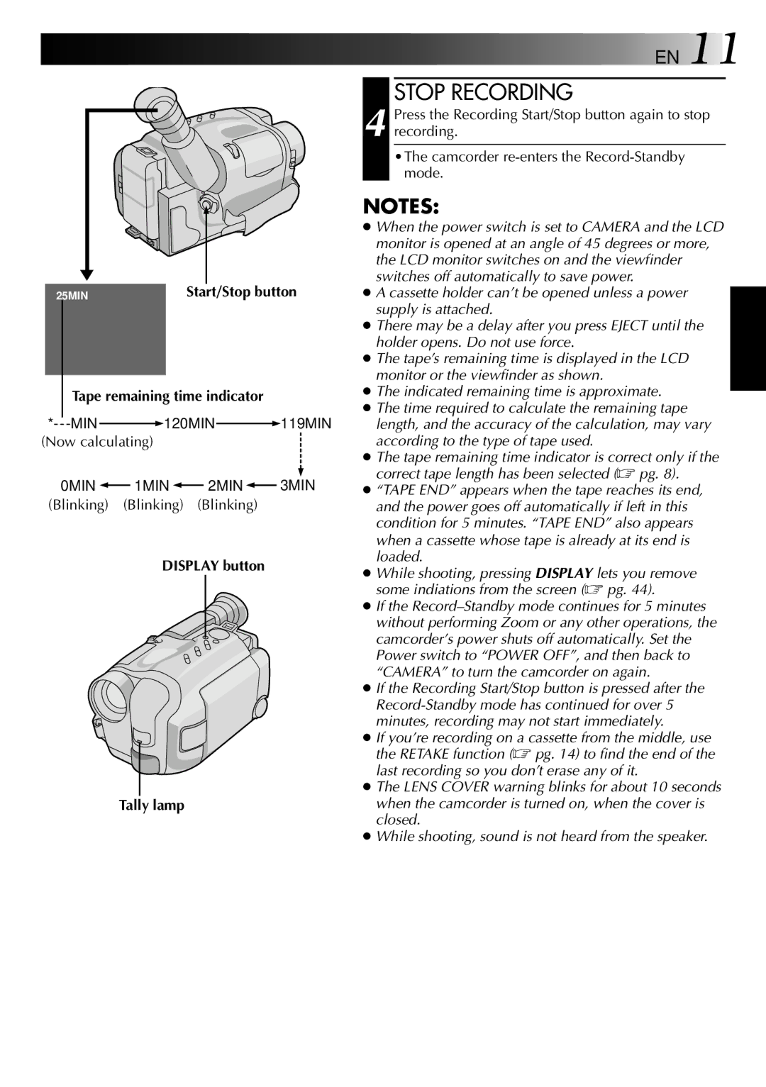 JVC GR-AXM307EG instruction manual Stop Recording, Tape remaining time indicator, Display button Tally lamp 