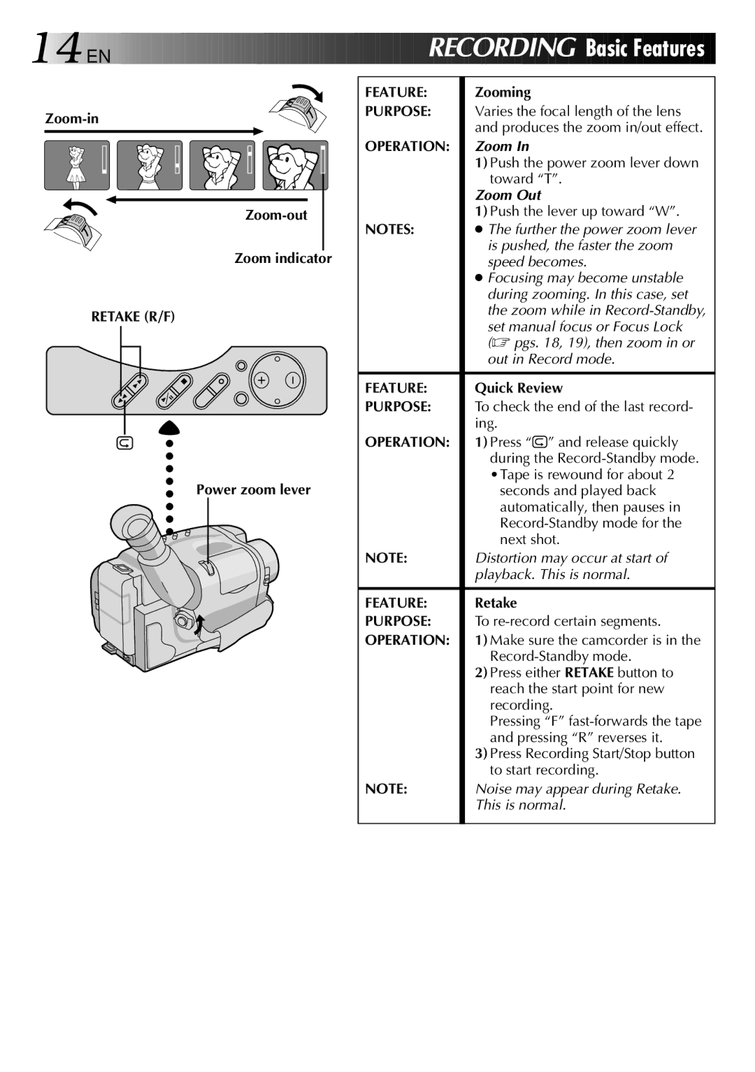 JVC GR-AXM307EG instruction manual EN Recording, Retake R/F, Feature, Purpose, Operation 