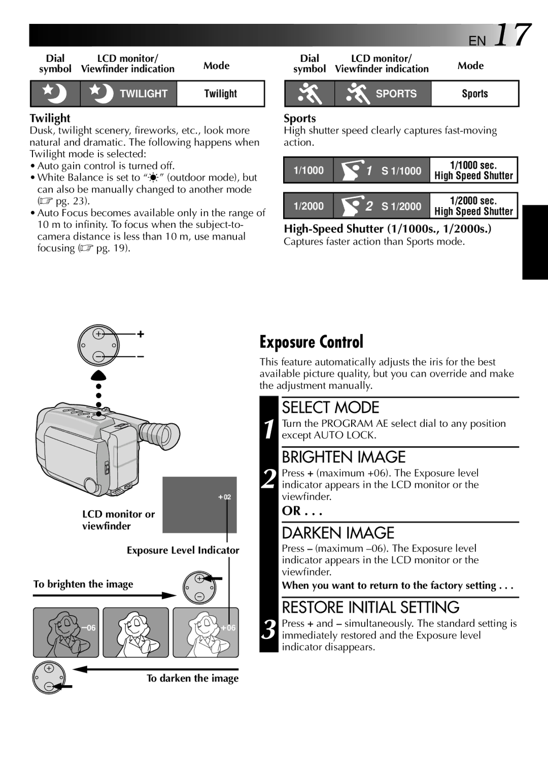 JVC GR-AXM307EG instruction manual Exposure Control, Brighten Image, Darken Image, Restore Initial Setting 