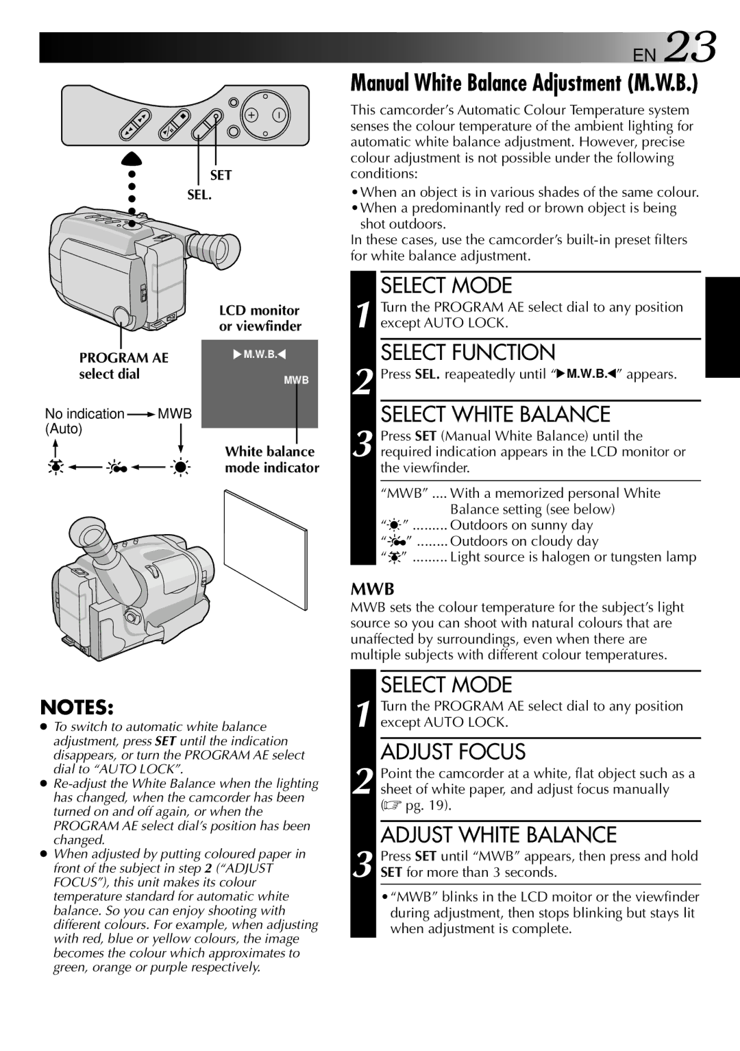 JVC GR-AXM307EG instruction manual Select White Balance, Adjust Focus, Adjust White Balance, Set Sel, Program AE 