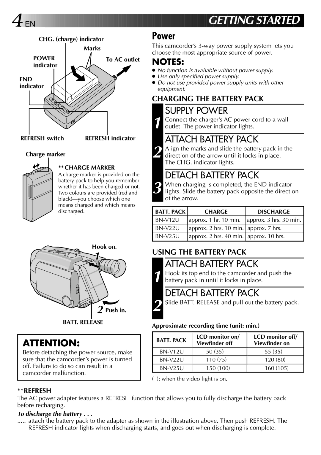 JVC GR-AXM307EG instruction manual Supply Power, Attach Battery Pack, Detach Battery Pack 