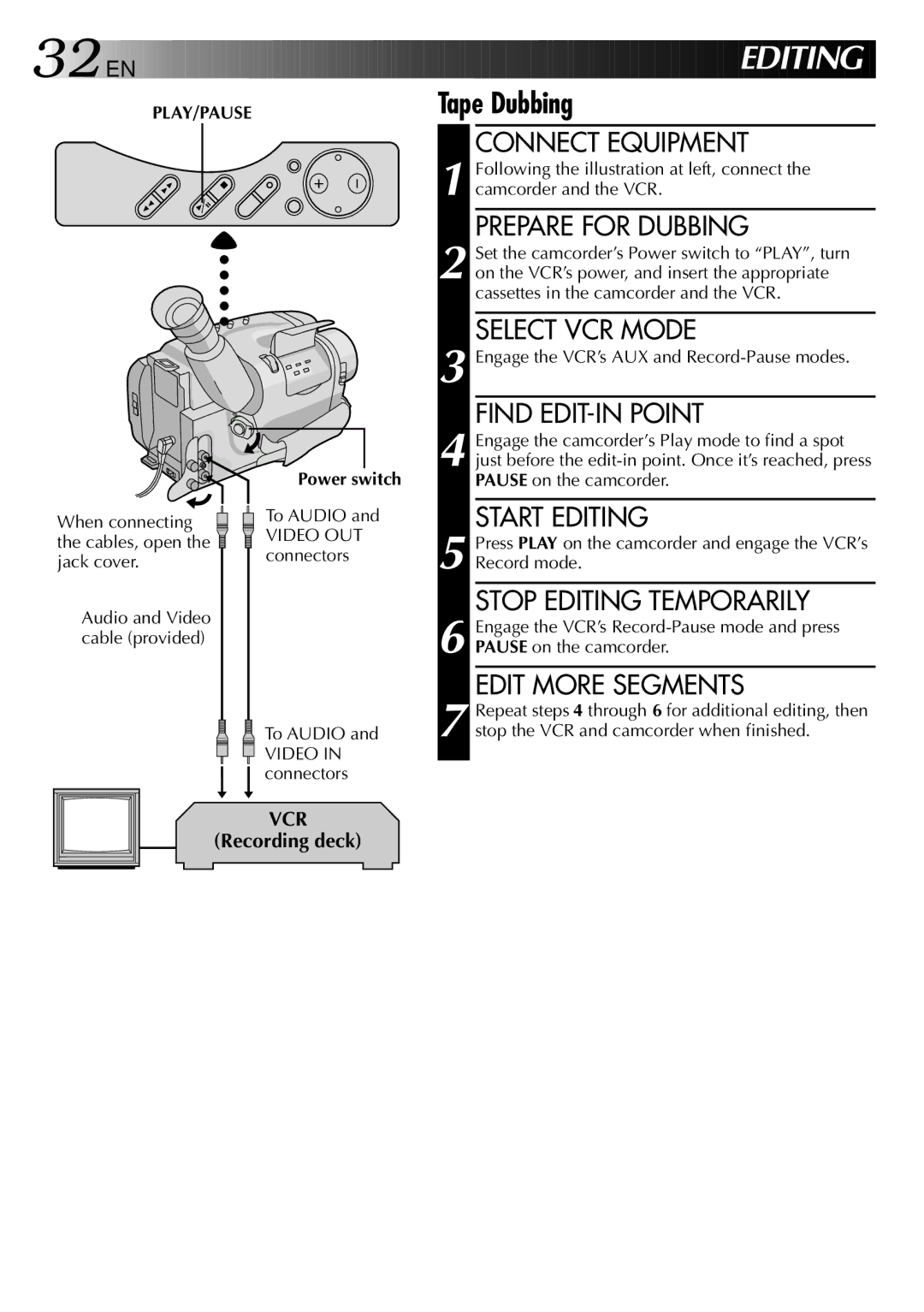 JVC GR-AXM307EG instruction manual Power switch, To Audio Video OUT connectors Video in connectors 