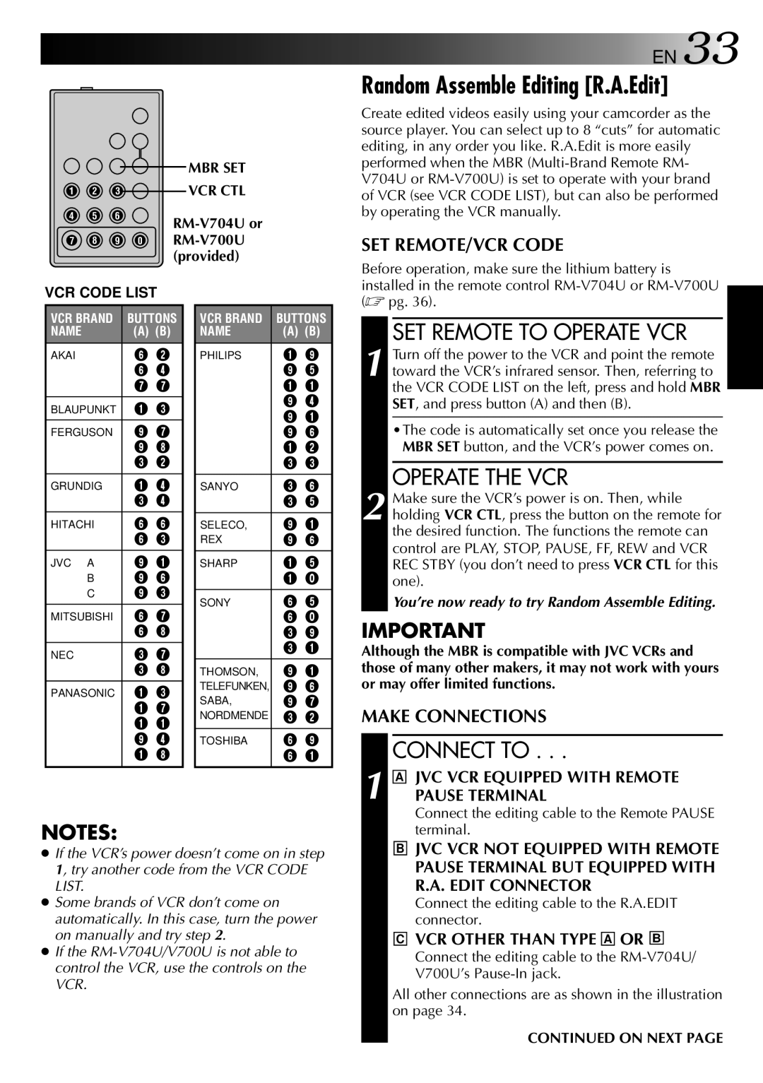 JVC GR-AXM307EG instruction manual Random Assemble Editing R.A.Edit, SET Remote to Operate VCR, Operate the VCR, Connect to 