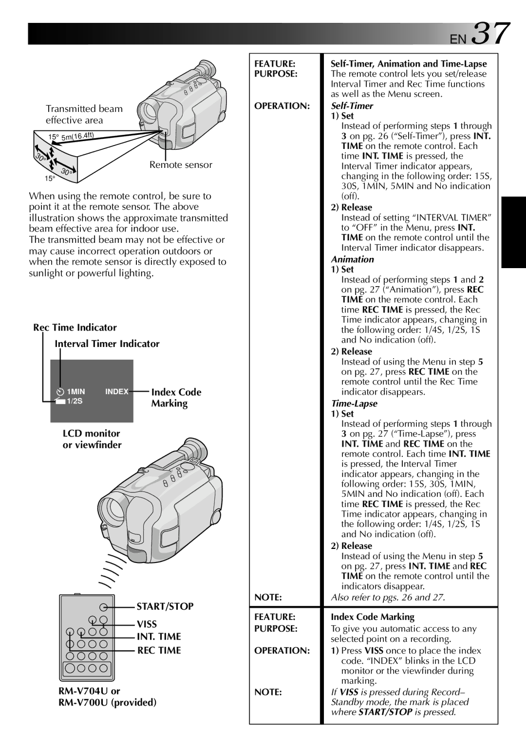 JVC GR-AXM307EG Remote sensor, Rec Time Indicator Interval Timer Indicator, START/STOP Viss INT. Time REC Time 