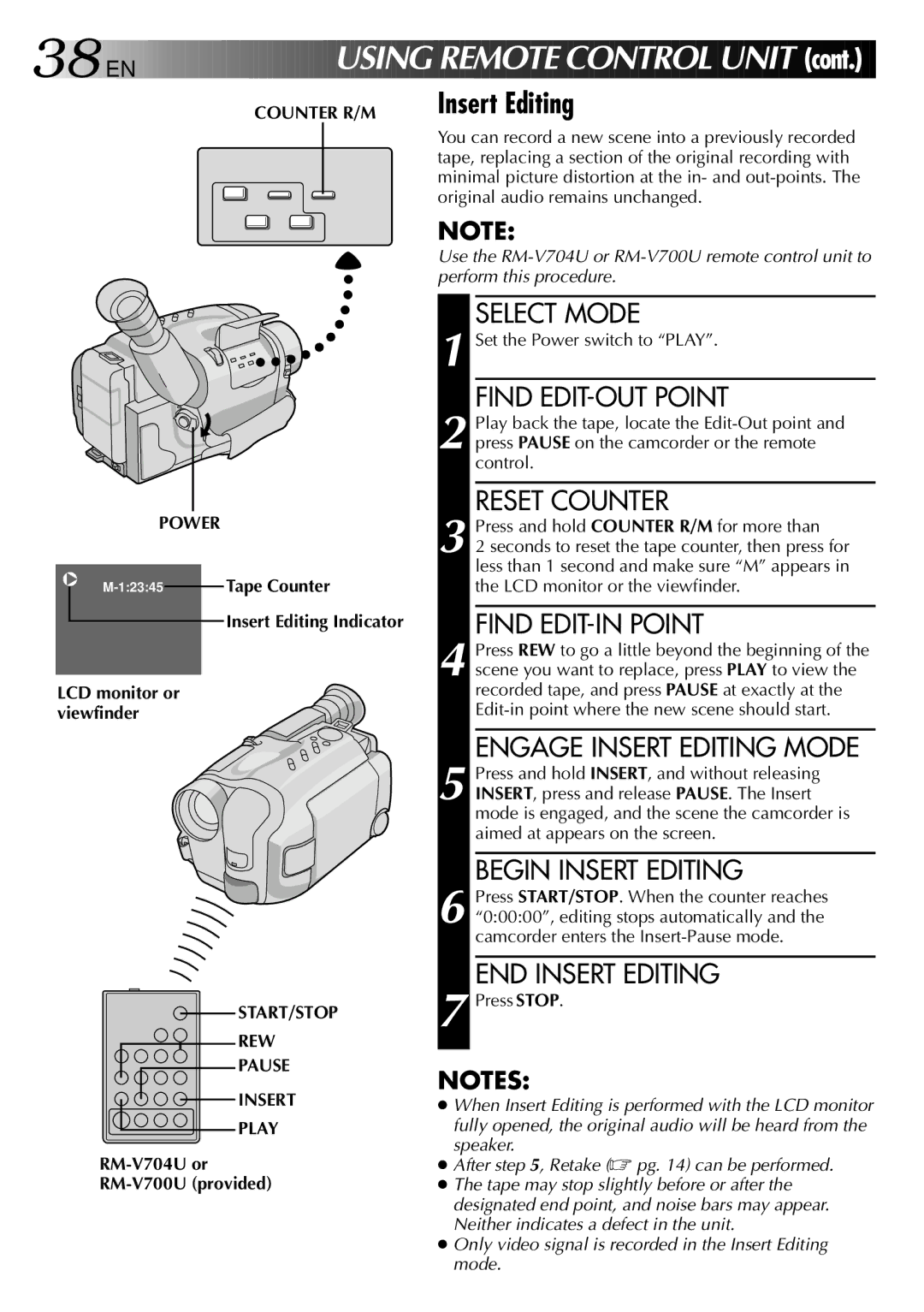 JVC GR-AXM307EG instruction manual Counter R/M Power, START/STOP REW Pause Insert Play 