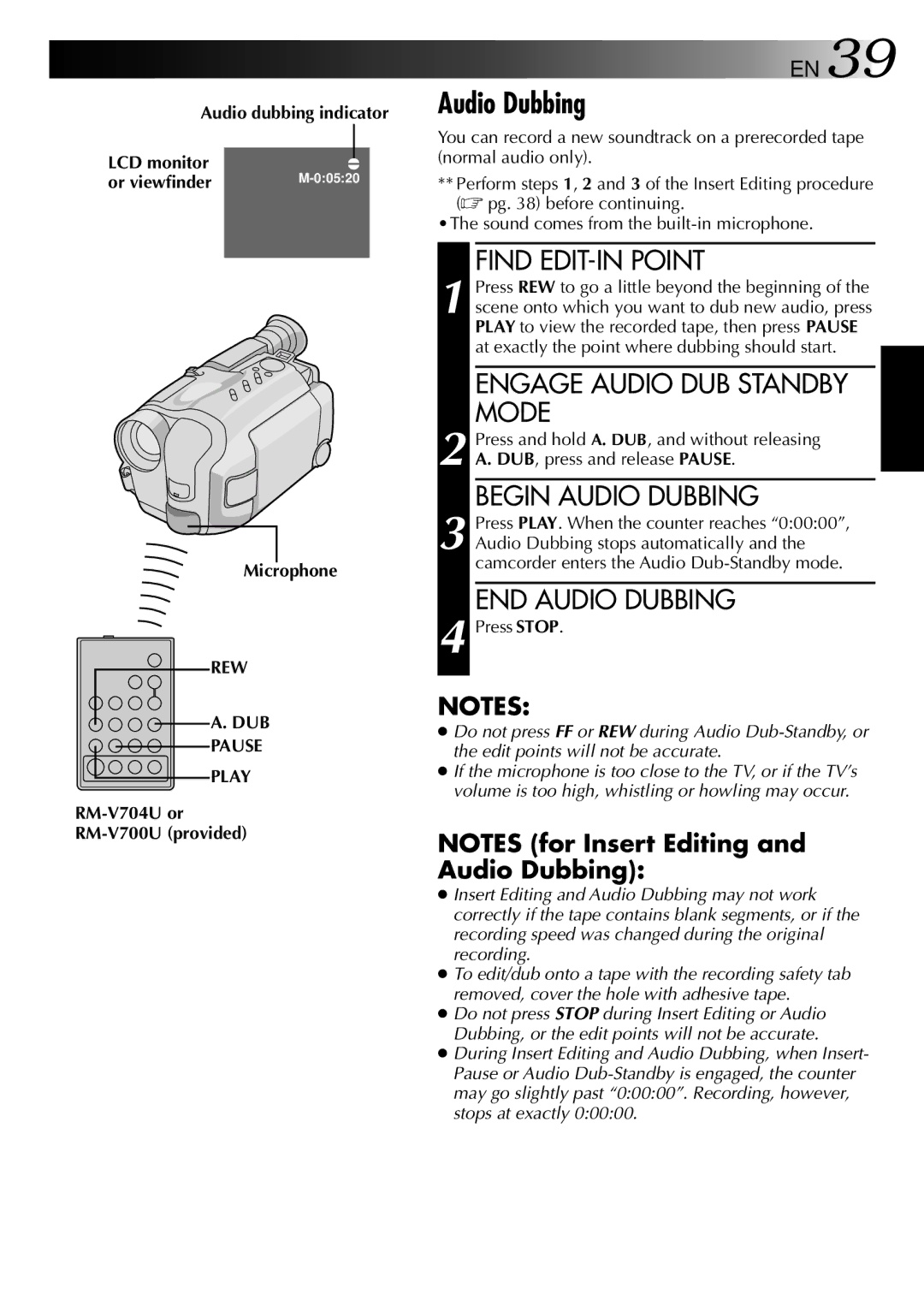 JVC GR-AXM307EG instruction manual Audio dubbing indicator, Microphone, Dub, Pause Play 