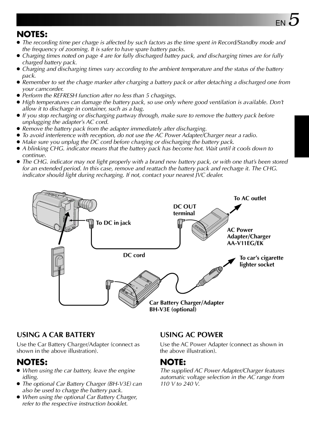 JVC GR-AXM307EG instruction manual AA-V11EG/EK, DC cord, Lighter socket, Car Battery Charger/Adapter BH-V3E optional 