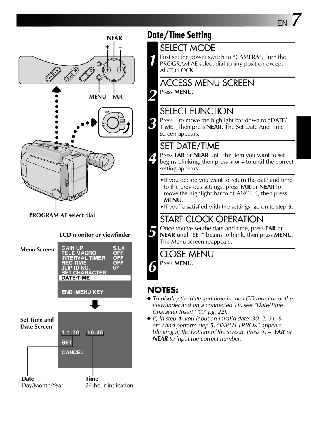 JVC GR-AXM307EG instruction manual Start Clock Operation, Close Menu, Near Menu FAR, Date Time 