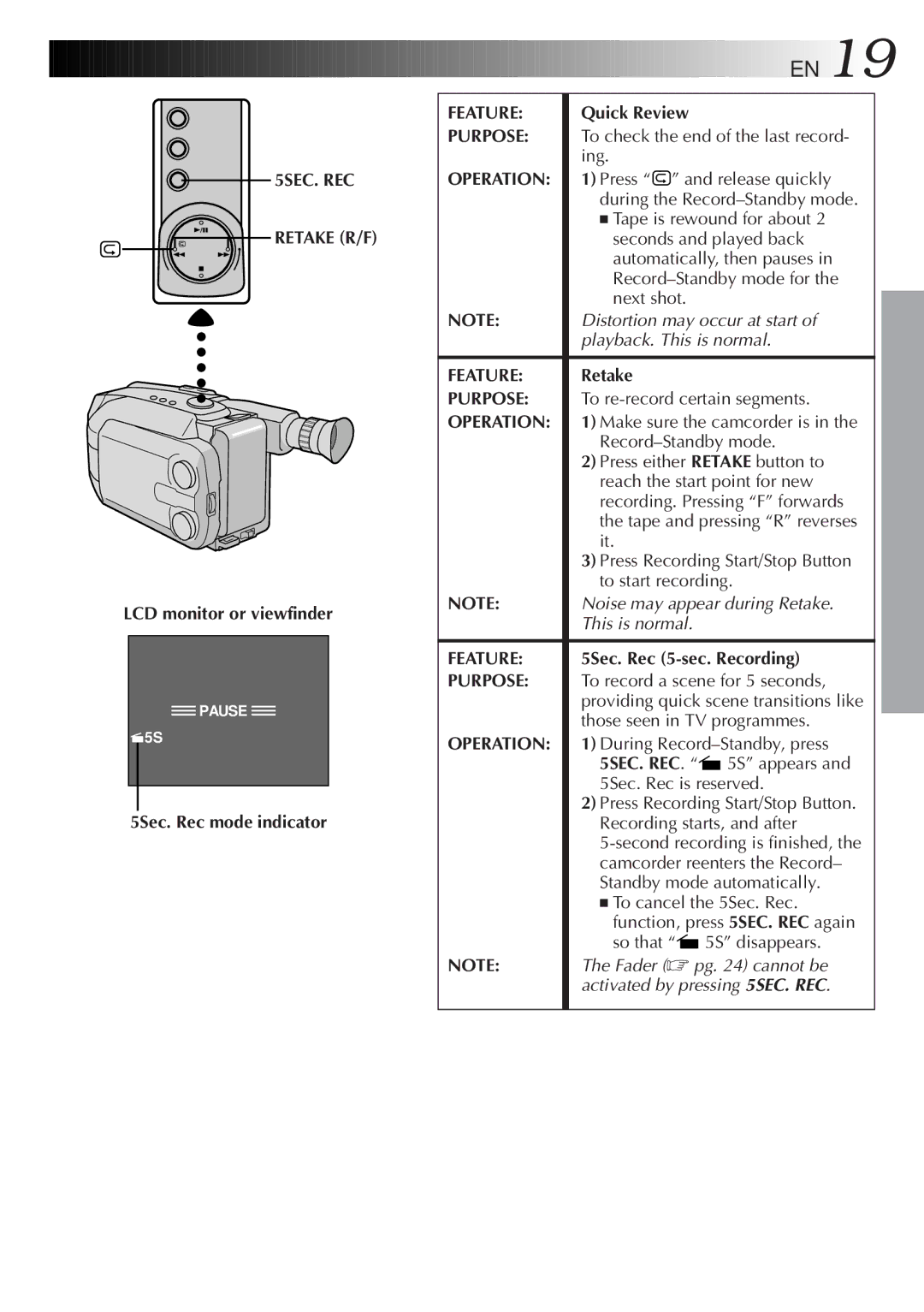 JVC GR-AXM33 specifications 5SEC. REC Retake R/F, Feature 