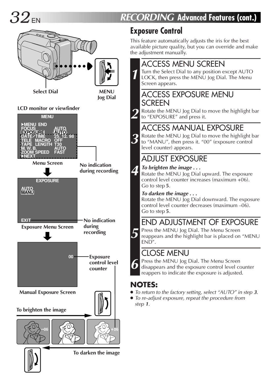 JVC GR-AXM33 specifications Manual Exposure Screen To brighten the image, To darken the image 