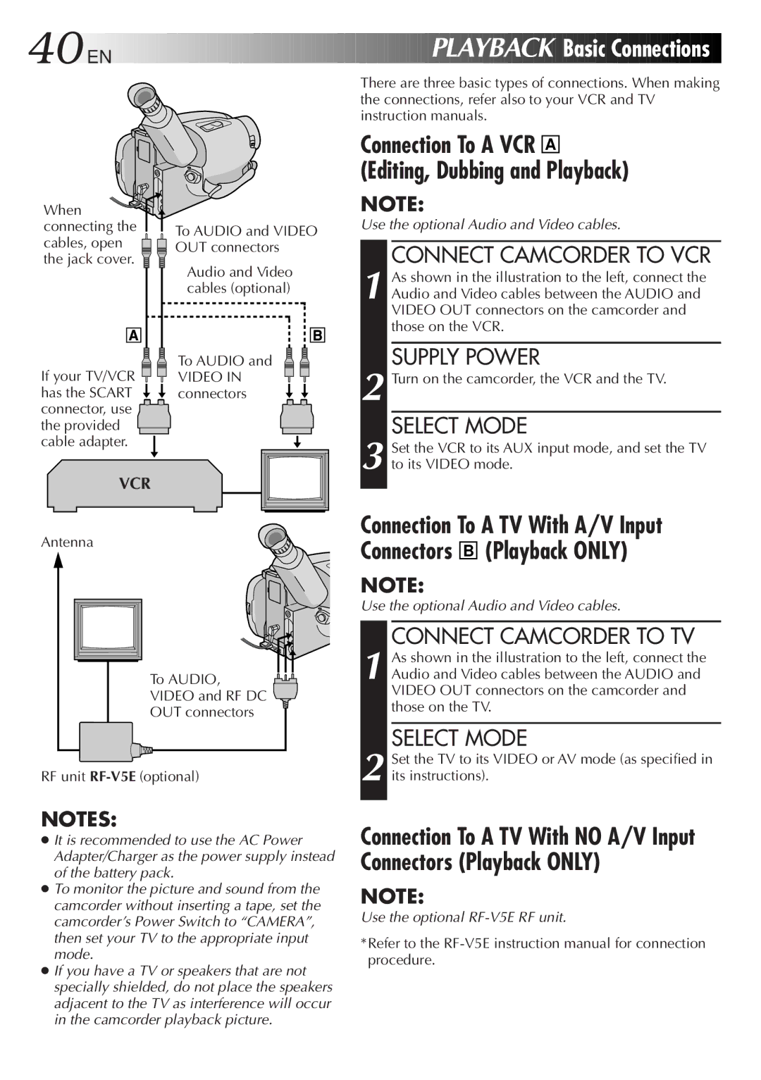 JVC GR-AXM33 specifications Basic Connections, Connect Camcorder to VCR, Connect Camcorder to TV 