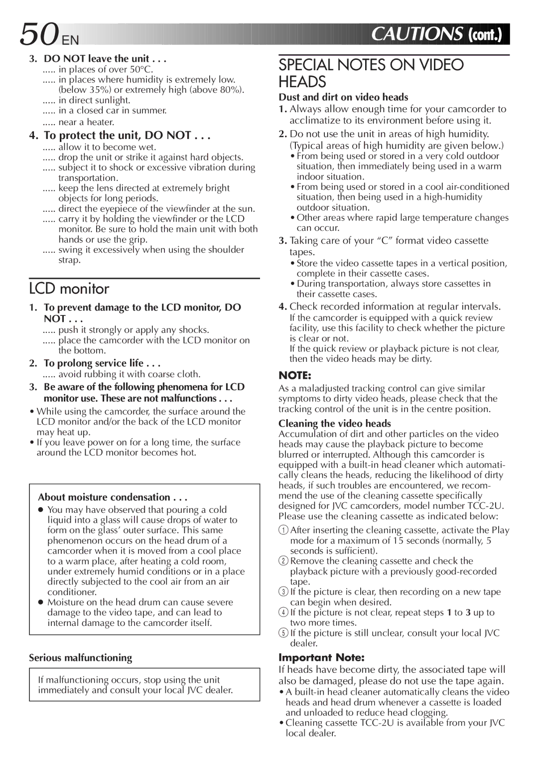 JVC GR-AXM33 specifications Cont, Special Notes on Video Heads 