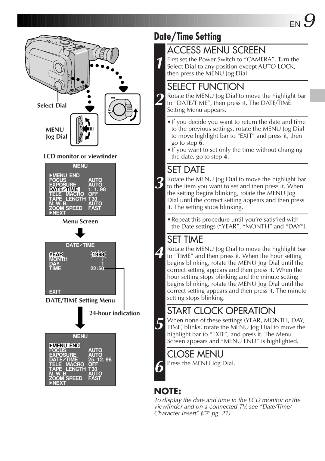 JVC GR-AXM33 specifications Date/Time Setting, Access Menu Screen 