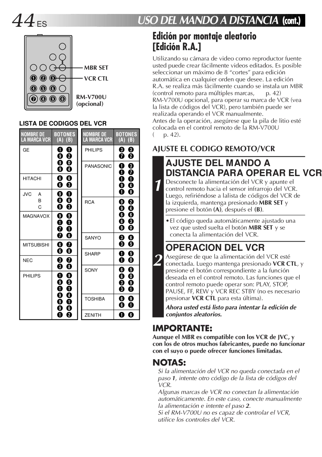 JVC GR-AXM33UM manual USO DEL Mando a Distancia, Edición por montaje aleatorio Edición R.A, Operacion DEL VCR 