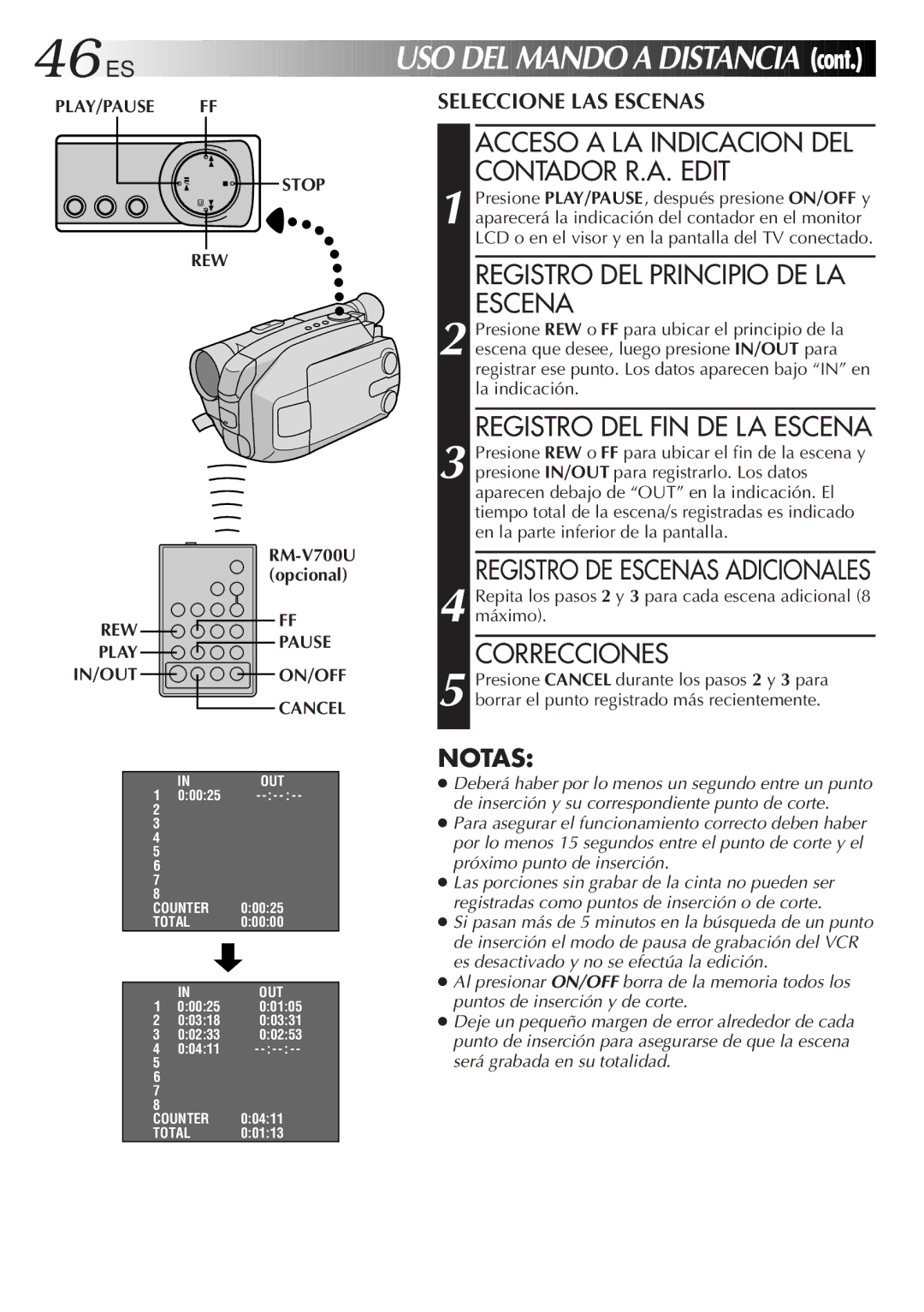 JVC GR-AXM33UM manual Acceso a LA Indicacion DEL Contador R.A. Edit, Registro DEL Principio DE LA Escena, Correcciones 