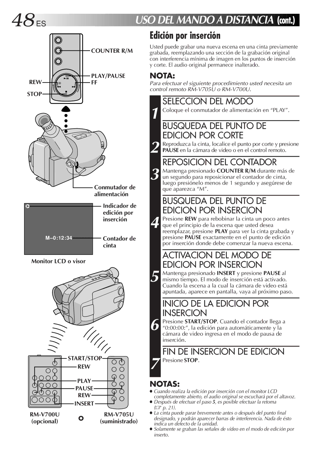 JVC GR-AXM33UM manual Edición por inserción, Alimentación, Inserción, Cinta, RM-V700URM-V705U Opcional O suministrado 