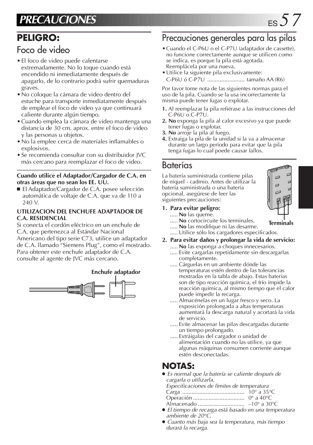 JVC GR-AXM33UM manual Utilizacion DEL Enchufe Adaptador DE C.A. Residencial, Enchufe adaptador, Para evitar peligro 