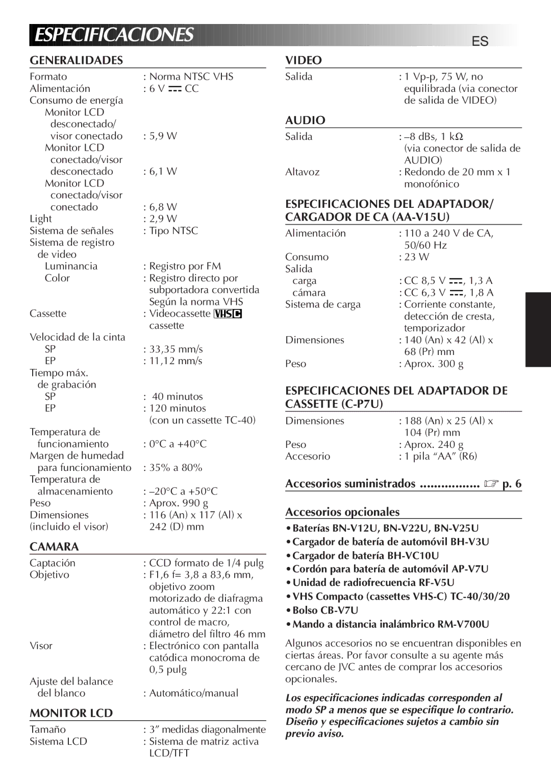 JVC GR-AXM33UM manual Especificaciones 