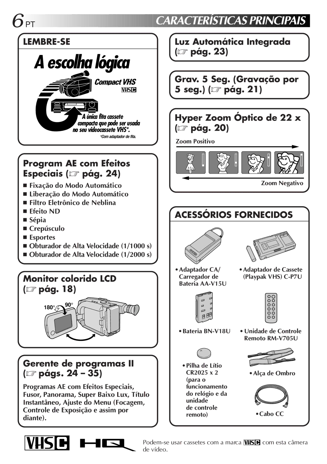 JVC GR-AXM33UM manual PT Características Principais 