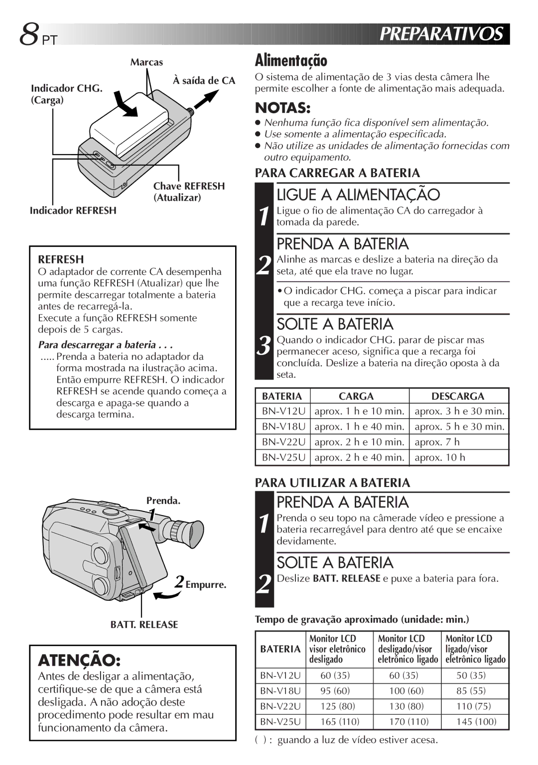 JVC GR-AXM33UM manual Ligue a Alimentação, Prenda a Bateria, Solte a Bateria, Para descarregar a bateria 