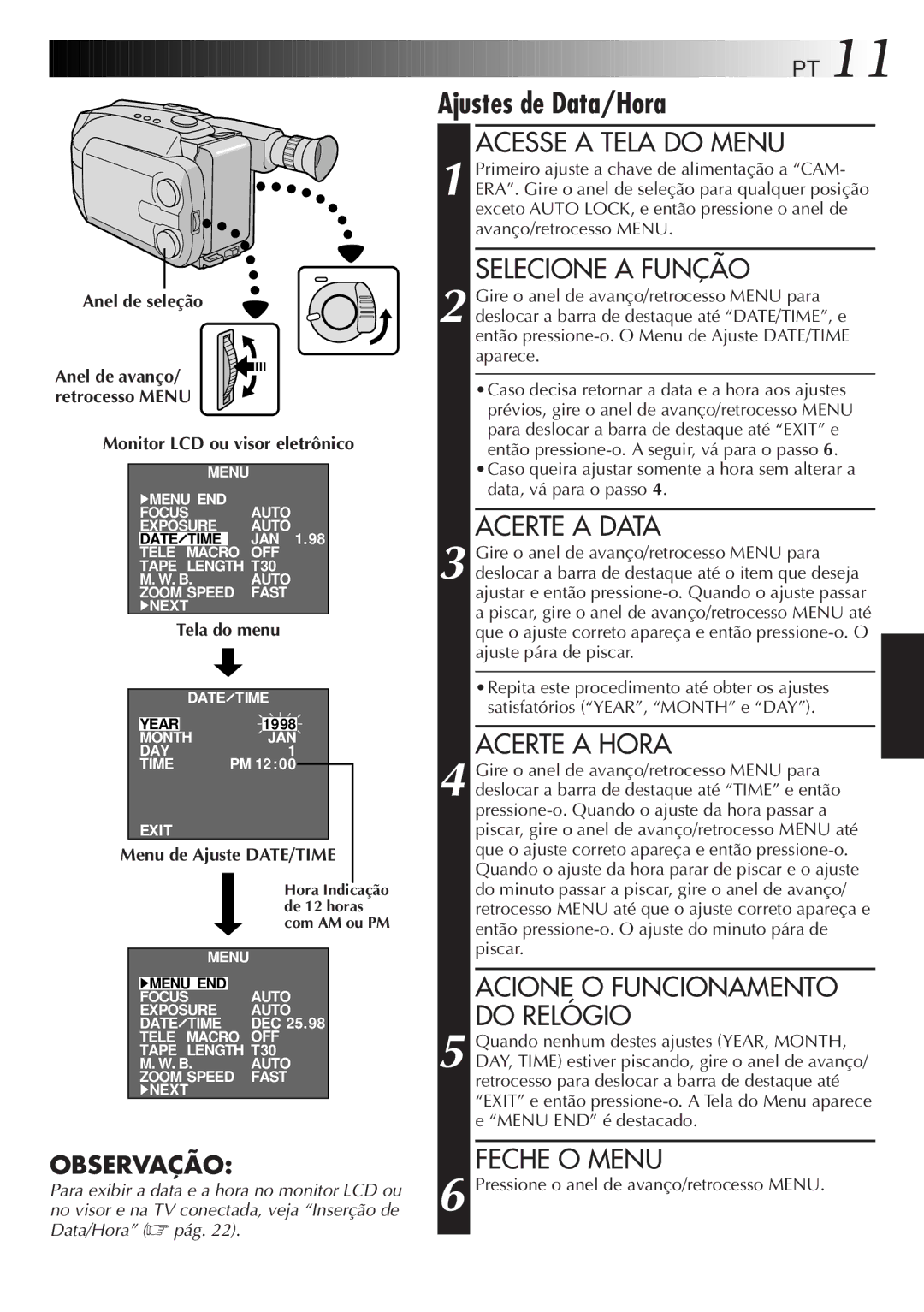 JVC GR-AXM33UM manual Ajustes de Data/Hora 