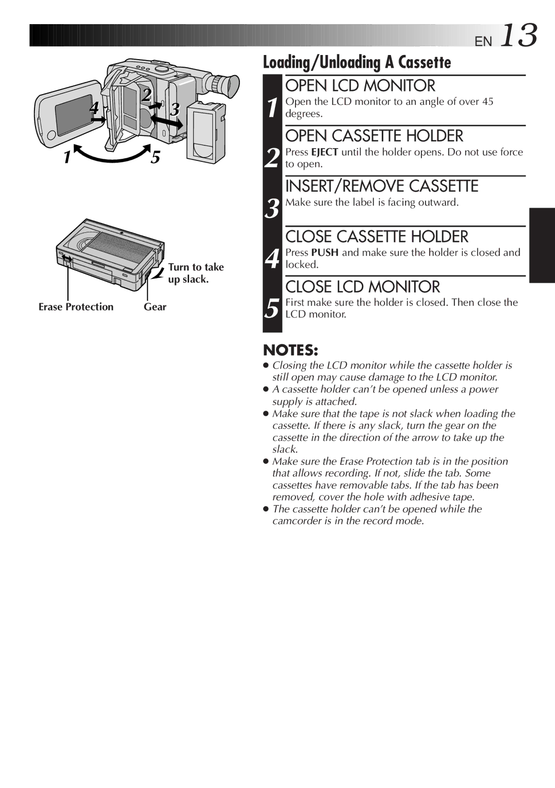 JVC GR-AXM33UM manual Loading/Unloading a Cassette 