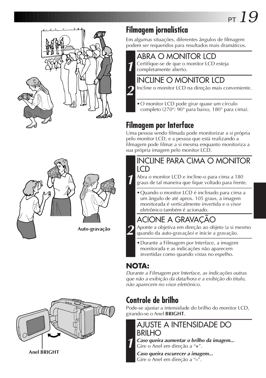 JVC GR-AXM33UM manual Filmagem jornalística, Filmagem por Interface, Controle de brilho 