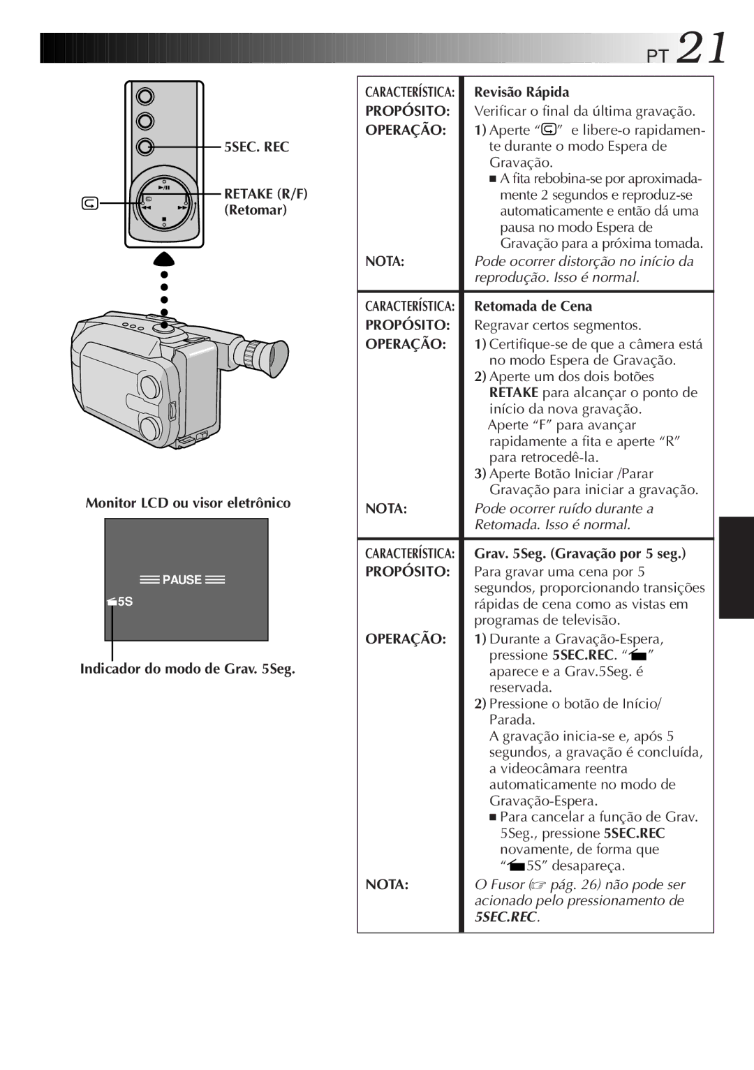 JVC GR-AXM33UM manual 5SEC. REC, Indicador do modo de Grav Seg, Revisão Rápida, Propósito, Retomada de Cena 