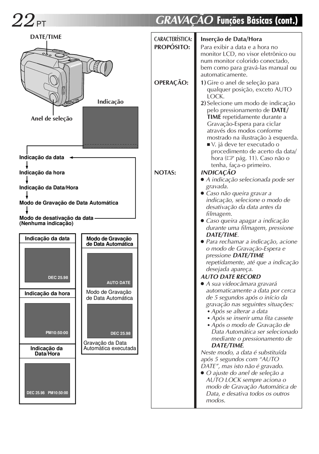 JVC GR-AXM33UM manual Funções Básicas, Indicação Anel de seleção, Propósito Operação Notas, Inserção de Data/Hora 