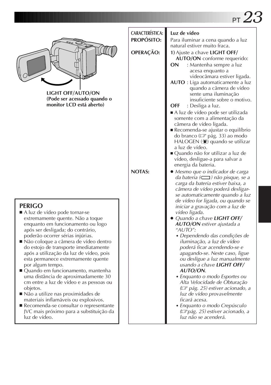 JVC GR-AXM33UM manual Perigo, Luz de vídeo 