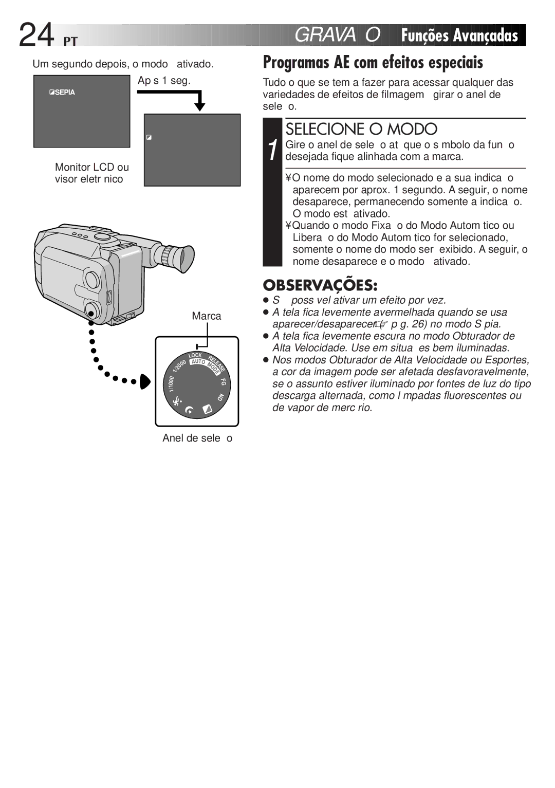 JVC GR-AXM33UM manual Gravação Funções Avançadas, Programas AE com efeitos especiais, Após 1 seg 