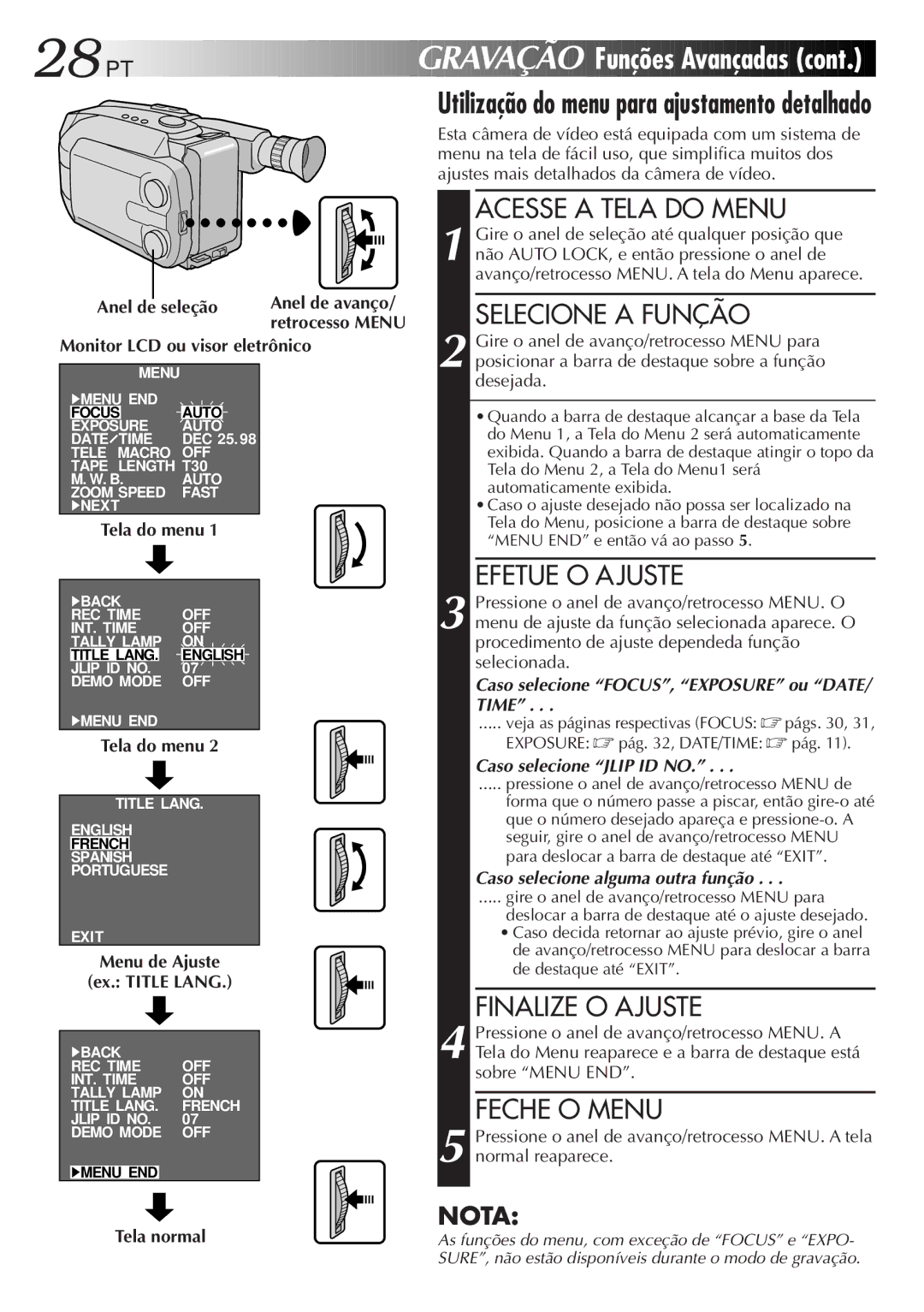JVC GR-AXM33UM manual Menu de Ajuste Ex. Title Lang, Tela normal 