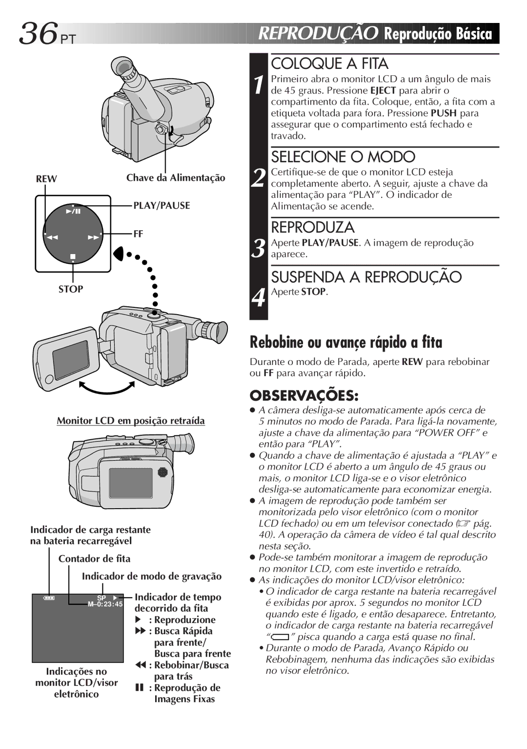 JVC GR-AXM33UM manual PT Reprodução Reprodução Básica, Rebobine ou avançe rápido a fita, Reproduza 