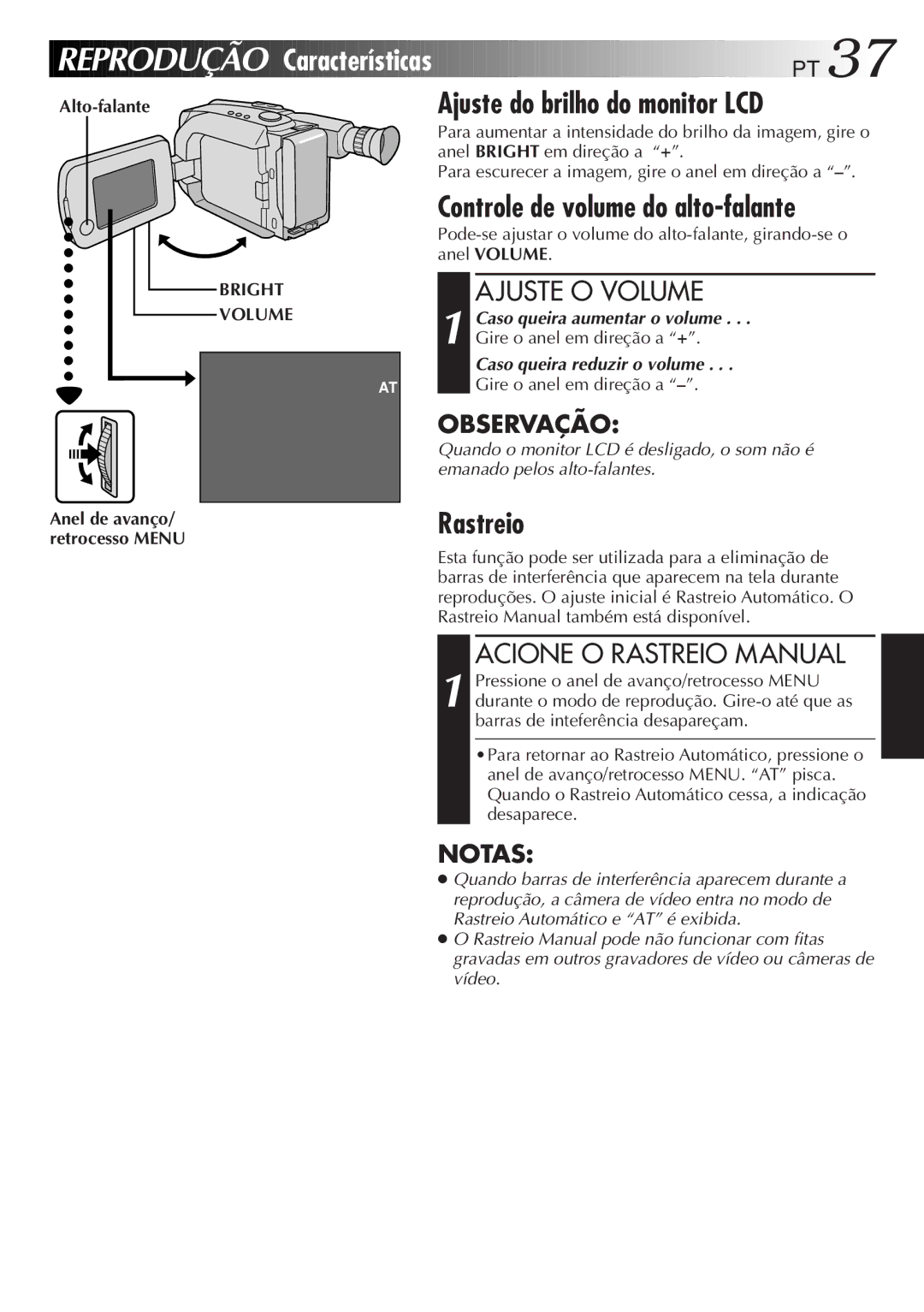 JVC GR-AXM33UM manual Reprodução Características PT, Ajuste do brilho do monitor LCD, Controle de volume do alto-falante 