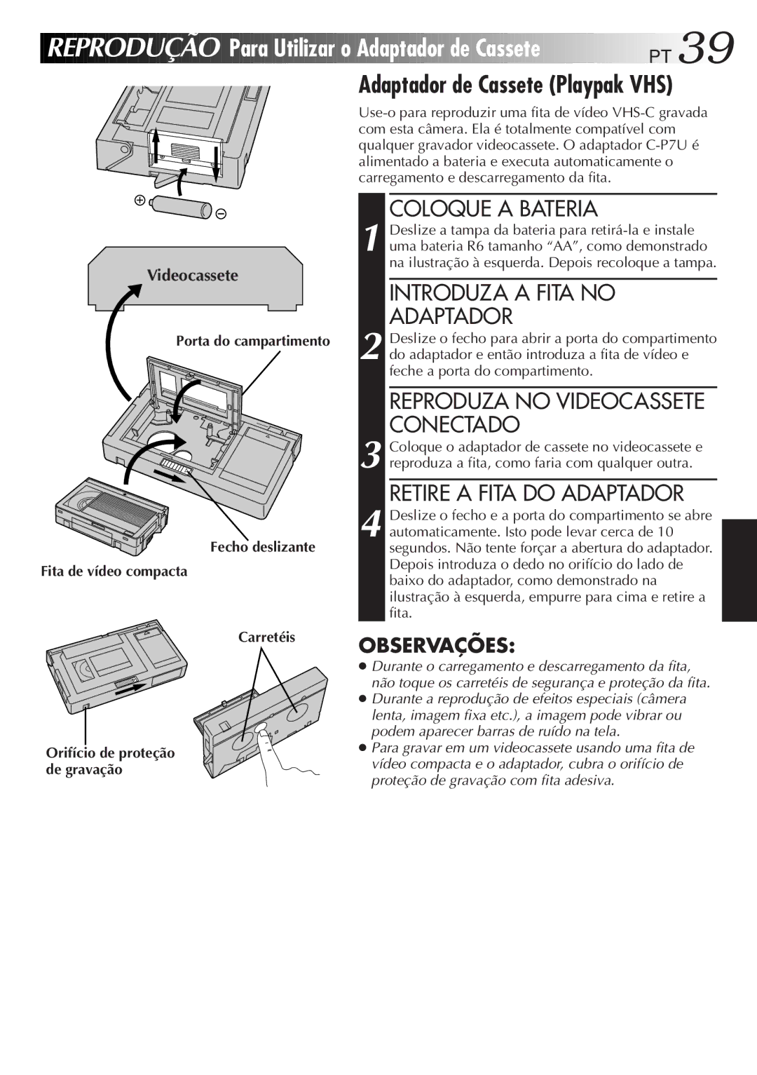 JVC GR-AXM33UM manual Para Utilizar o Adaptador de Cassete, Videocassete 