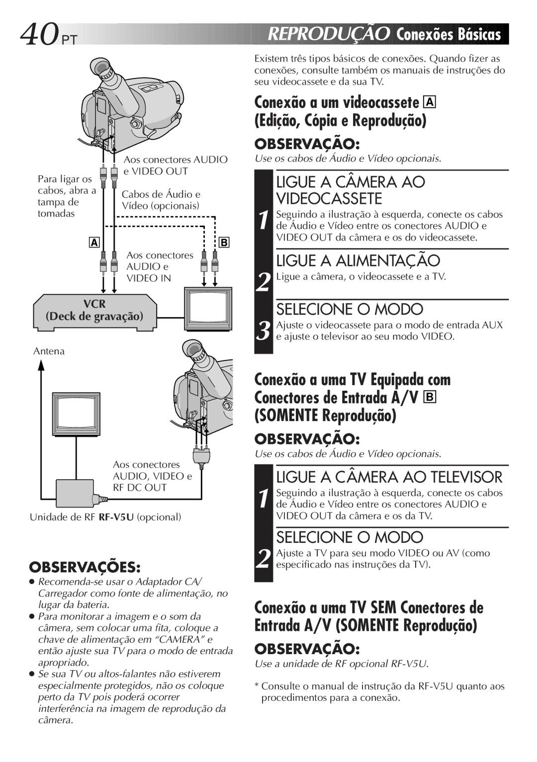 JVC GR-AXM33UM manual PT Reprodução, Conexões Básicas, Ligue a Câmera AO Videocassete, Ligue a Câmera AO Televisor 