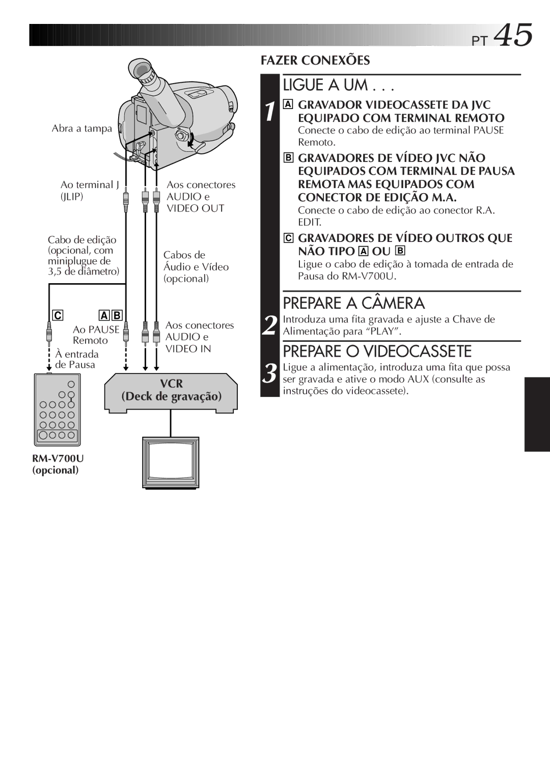 JVC GR-AXM33UM manual Prepare a Câmera, Prepare O Videocassete 