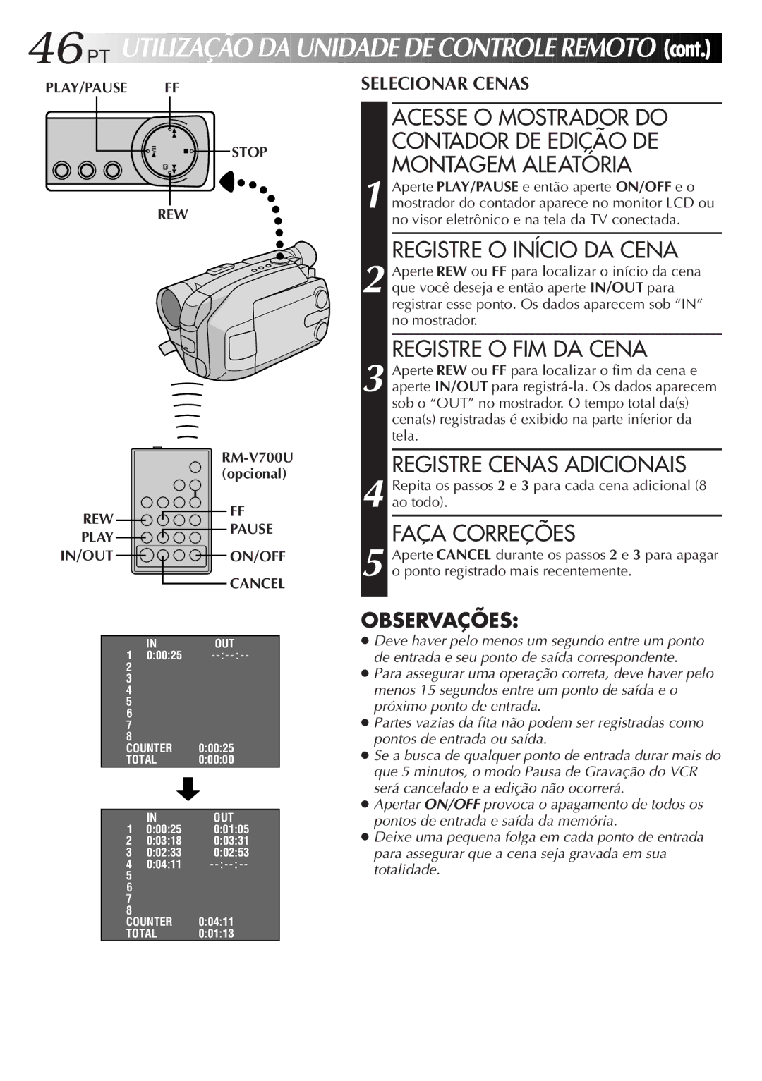 JVC GR-AXM33UM manual Registre O Início DA Cena, Registre O FIM DA Cena, Registre Cenas Adicionais, Faça Correções 