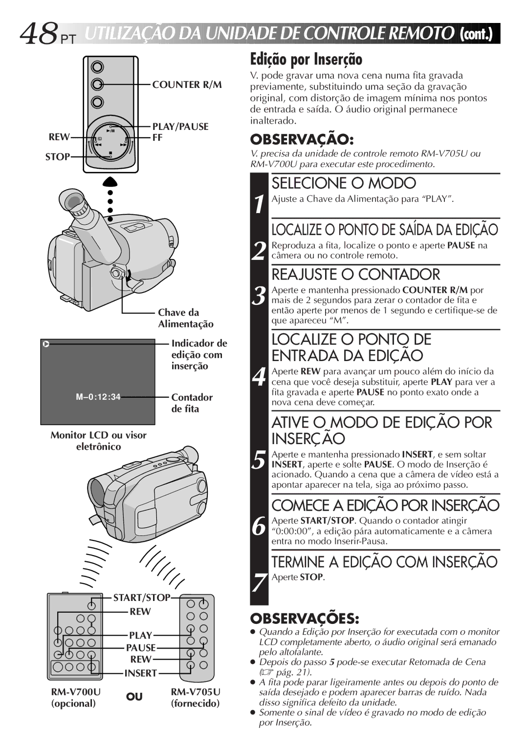 JVC GR-AXM33UM manual REW Stop, RM-V700U OU RM-V705U Opcionalfornecido 