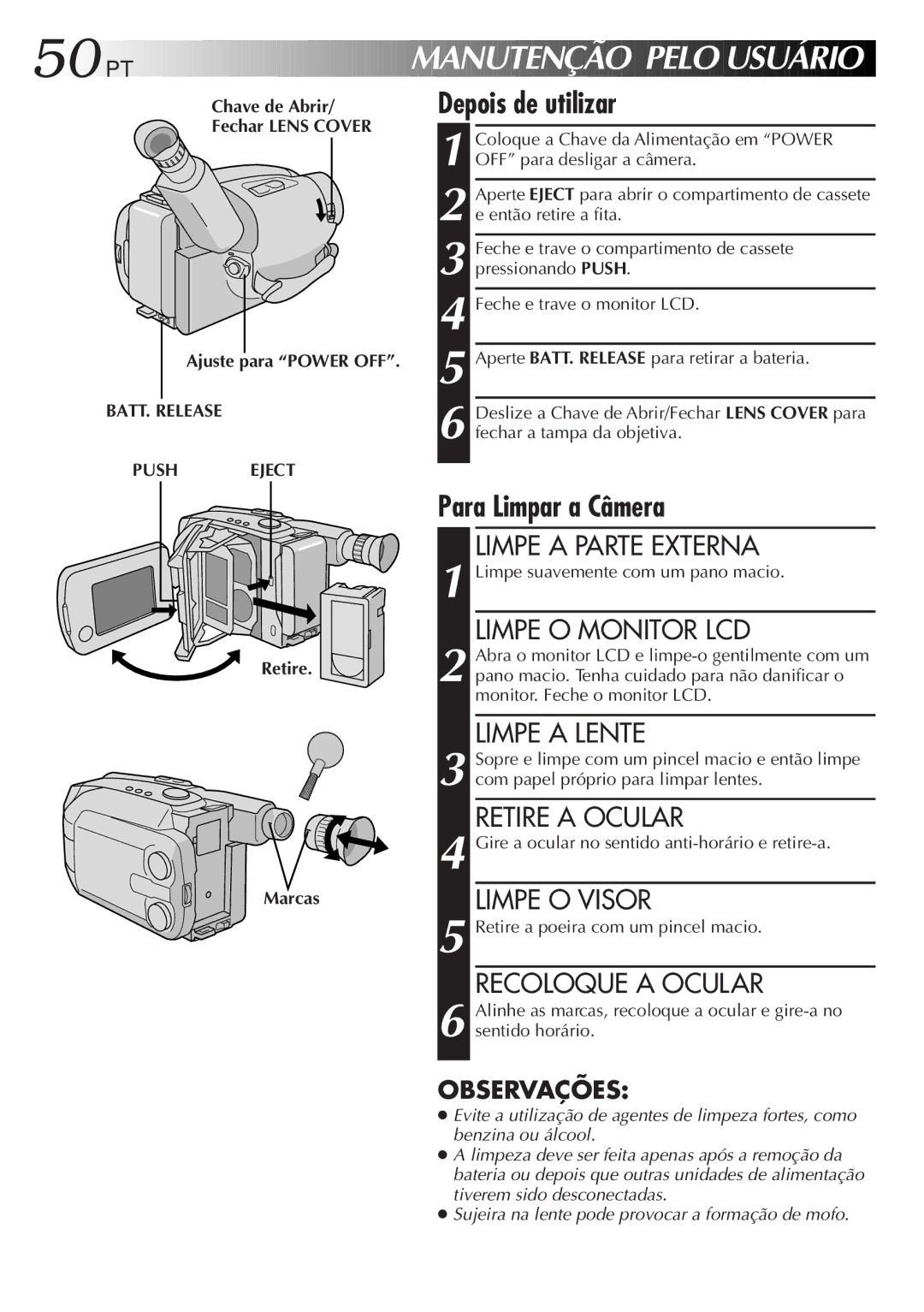 JVC GR-AXM33UM manual Depois de utilizar, Chave de Abrir Fechar Lens Cover Ajuste para Power OFF, Retire 