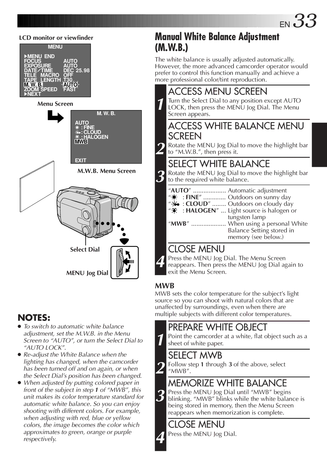 JVC GR-AXM33UM manual Manual White Balance Adjustment M.W.B 