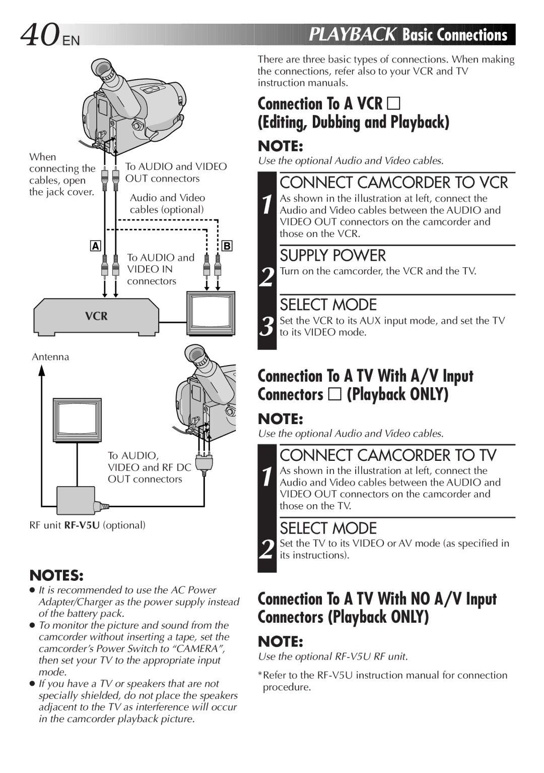 JVC GR-AXM33UM manual Basic Connections, Connect Camcorder to VCR, Connect Camcorder to TV 