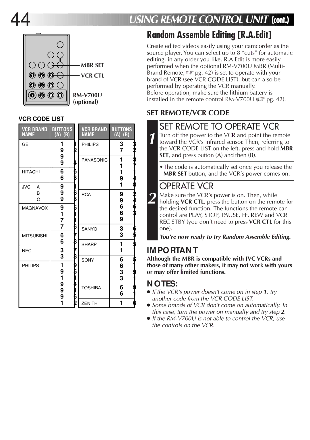 JVC GR-AXM33UM manual Using Remote Control Unit, Random Assemble Editing R.A.Edit, SET Remote to Operate VCR, Mbr Set 