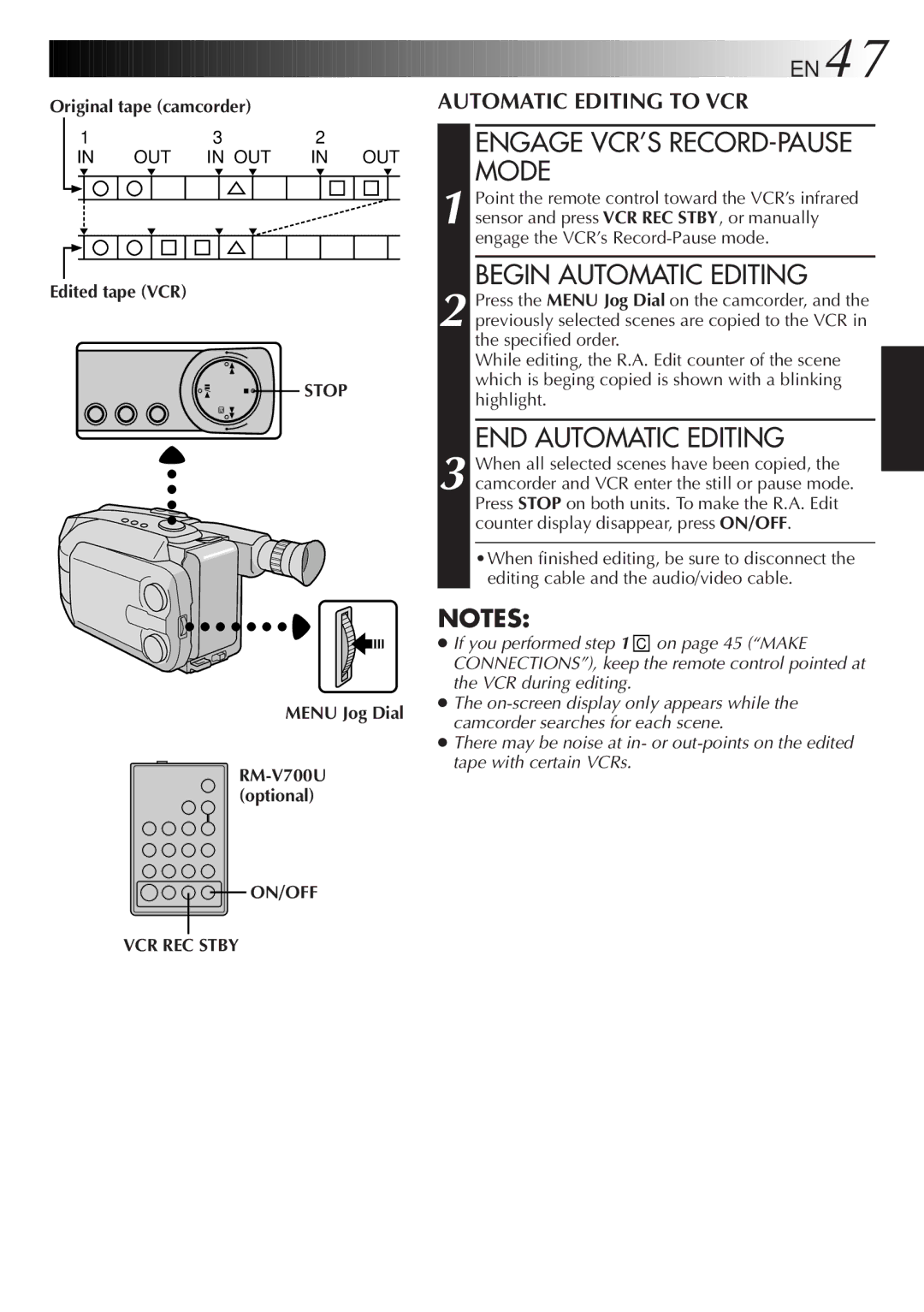 JVC GR-AXM33UM manual Engage VCR’S RECORD-PAUSE Mode, Begin Automatic Editing, END Automatic Editing, ON/OFF VCR REC Stby 