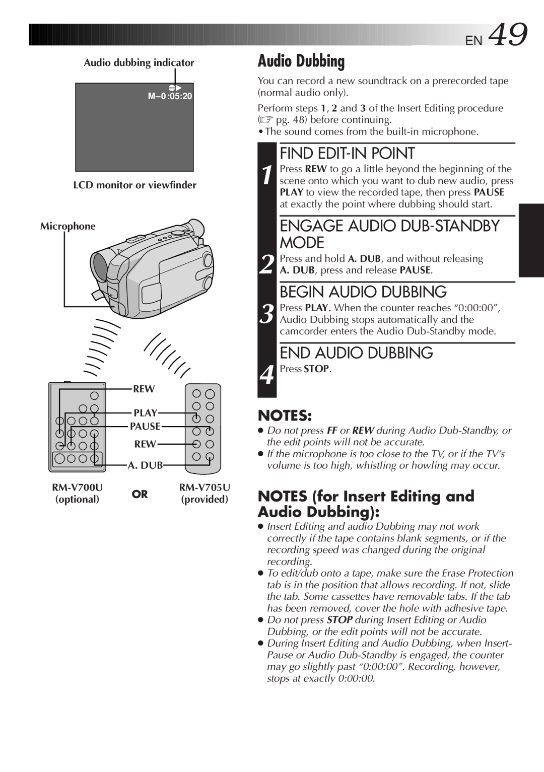 JVC GR-AXM33UM manual Audio dubbing indicator LCD monitor or viewfinder Microphone, REW Play Pause DUB 