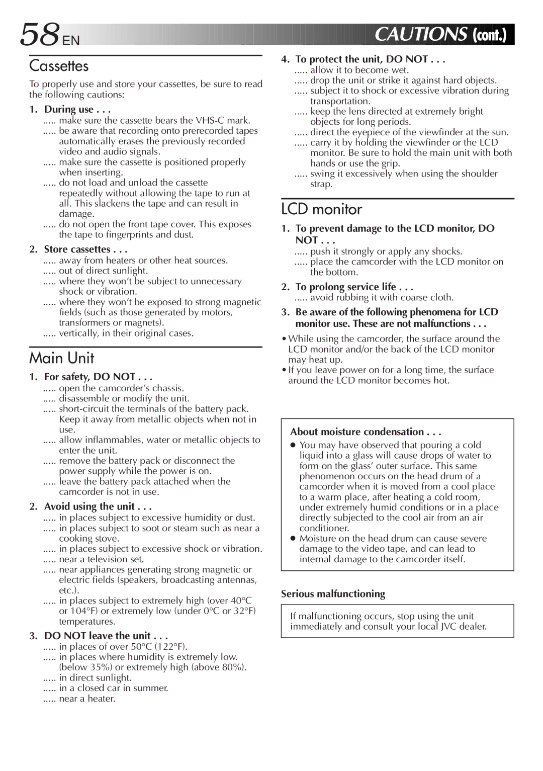 JVC GR-AXM33UM manual During use, Store cassettes, For safety, do not, Avoid using the unit, Do not leave the unit 