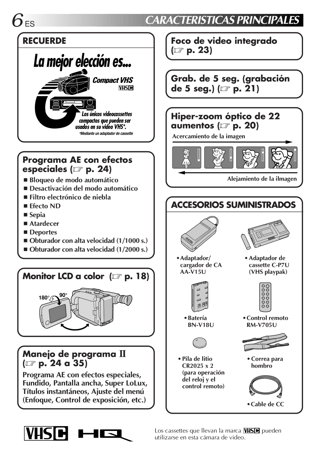 JVC GR-AXM33UM manual Foco de video integrado, Grab. de 5 seg. grabación de 5 seg. p, Hiper-zoom óptico de 22 aumentos p 