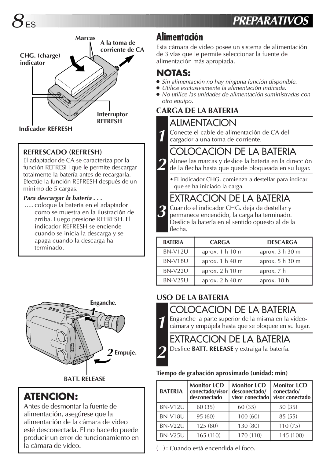 JVC GR-AXM33UM Alimentación, Alimentacion, Colocacion DE LA Bateria, Extraccion DE LA Bateria, Para descargar la batería 